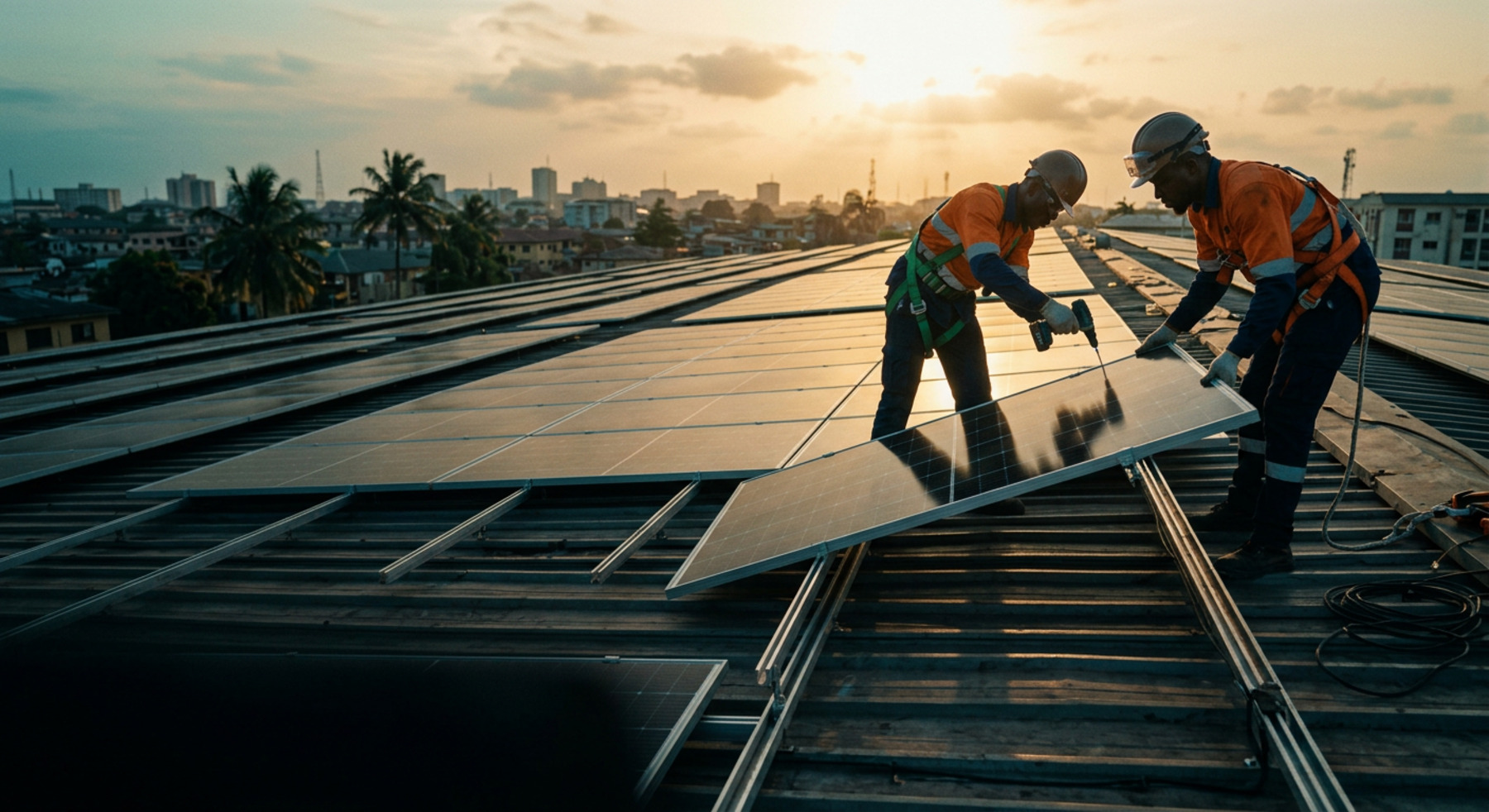 Two installers fitting solar panels on a rooftop at golden hour